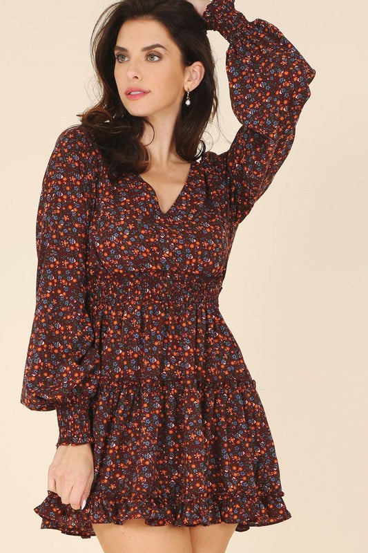 Burgundy Floral Long Sleeve Dress
